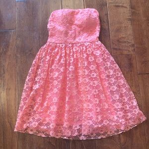 strapless floral lace dress